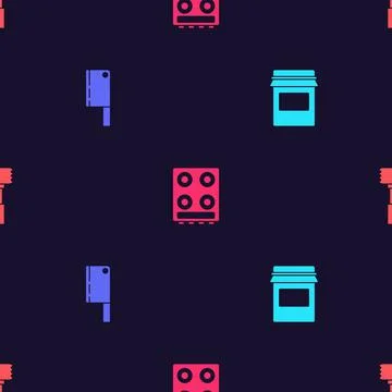 Set Jam jar, Meat chopper, Gas stove and Kitchen hammer on seamless pattern Stock Illustration