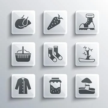 Set Jam jar, Mushroom, Bare tree, Socks, Raincoat, Basket, Roasted turkey o.. Stock Illustration