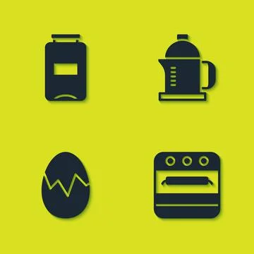 Set Jam jar, Oven, Broken egg and French press icon. Vector Stock Illustration