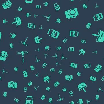 Set Jam jar, Photo camera, Wine corkscrew and Picnic basket on seamless pattern Illustrazione stock