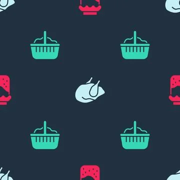 Set Jam jar, Roasted turkey or chicken and Basket on seamless pattern. Vector Stock Illustration