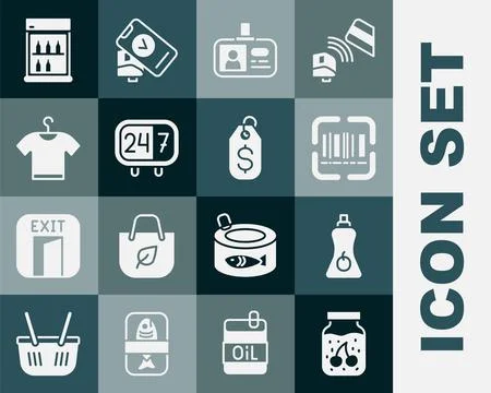 Set Jam jar, Sauce bottle, Scanner scanning bar code, Identification badge,.. Illustrazione stock