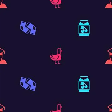 Set Jam jar, Socks, Dove and Graduate and graduation cap on seamless pattern. Stock Illustration