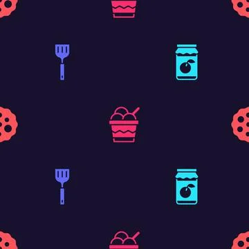 Set Jam jar, Spatula, Ice cream in bowl and Cookie or biscuit on seamless Illustrazione stock