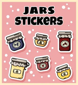 Set of jam jars stickers. Collection of flat colorful style labels Stock Illustration