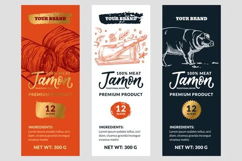 Set of jamon package label design. Vector hand drawn sketch illustration. H.. Stock Illustration