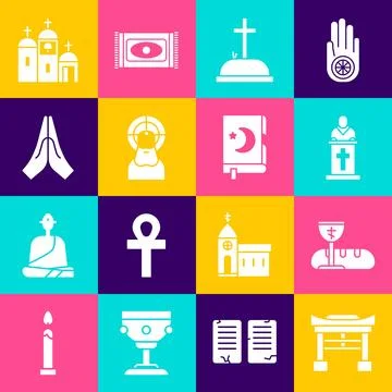 Set Japan Gate, First communion symbols, Church pastor preaching, Tombstone.. Stock Illustration