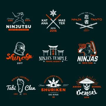 Set of Japan Ninja Logo. Ninjato sword insignia design. Vintage shuriken badge Stock Illustration