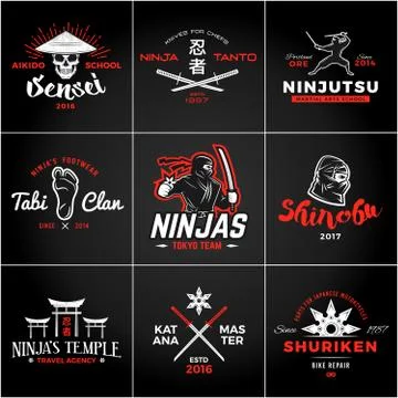 Set of Japan Ninjas Logo. Katana weapon insignia design. Vintage ninja mascot Stock Illustration