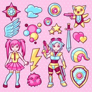 Set of japanese anime cosplay objects. Cute kawaii characters and items 스톡 일러스트