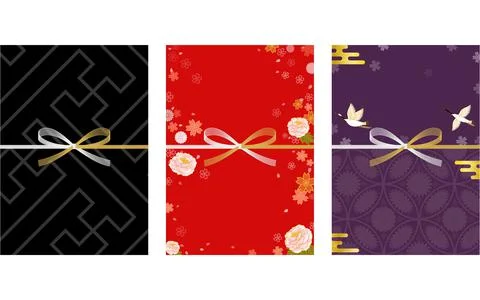 Set of Japanese design, gauze pattern, botanical, crane and ekasumi Stock Illustration