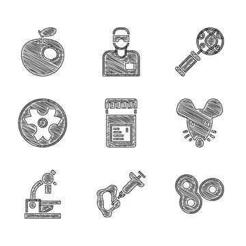 Set Jar with additives, Syringe, Cell division, Experimental mouse, Microscope Illustrazione stock