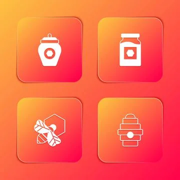 Set Jar of honey, , Bee and honeycomb and Hive for bees icon. Vector Stock Illustration