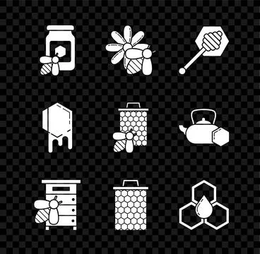Set Jar of honey with bee, Bee and flower, Honey dipper stick, Hive for bee.. Stock Illustration