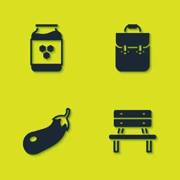Set Jar of honey, Bench, Eggplant and School backpack icon. Vector Stock Illustration
