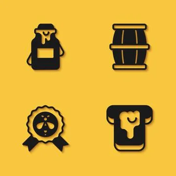 Set Jar of honey, Bread with, Best bee and Wooden barrel icon with long shadow Stock Illustration