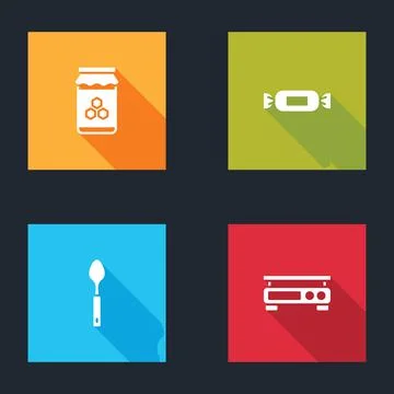 Set Jar of honey, Candy, Spoon and Electronic scales icon. Vector Stock Illustration