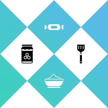 Set Jar of honey, Flour bowl, Candy and Spatula icon. Vector Stock Illustration