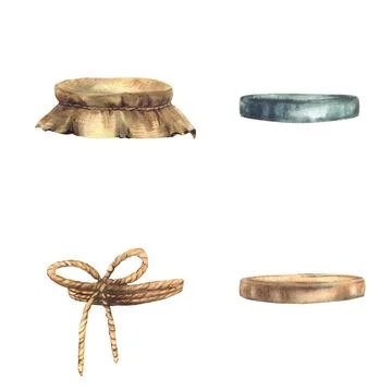 Set of jar lids, Gold, silver and Canvas fabric lid tied with rope bow. Wat.. Stock Illustration
