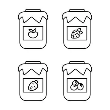 Set of jars with jam. Jam flavored with apple, strawberry, raspberry and Illustrazione stock