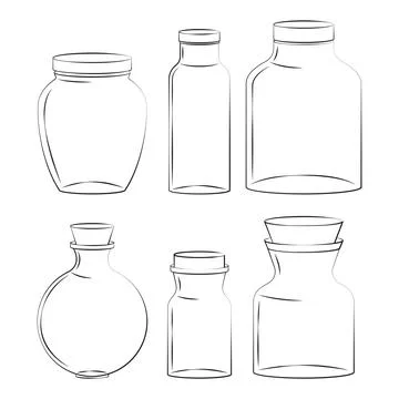 Set jars painted black line on a white background. Sketch jars. Vector illu.. Stock Illustration
