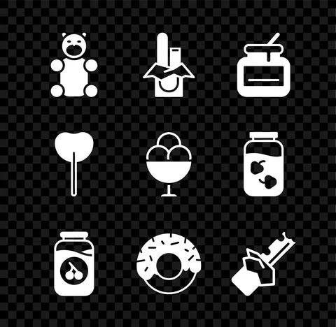 Set Jelly bear candy, Chocolate bar, Jar of honey, Cherry jam jar, Donut, Bitten Stock Illustration
