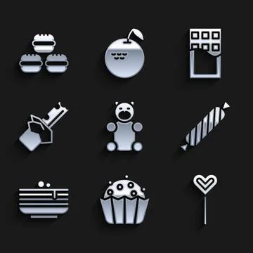 Set Jelly bear candy, Cupcake, Lollipop, Candy, Stack of pancakes, Bitten Stock Illustration