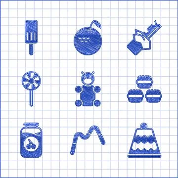 Set Jelly bear candy, worms, Cake, Macaron cookie, Cherry jam jar, Lollipop Stock Illustration