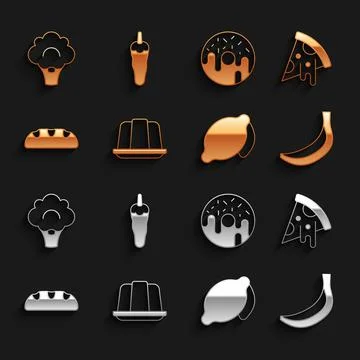 Set Jelly cake, Slice of pizza, Banana, Lemon, Bread loaf, Donut, Broccoli and 스톡 일러스트