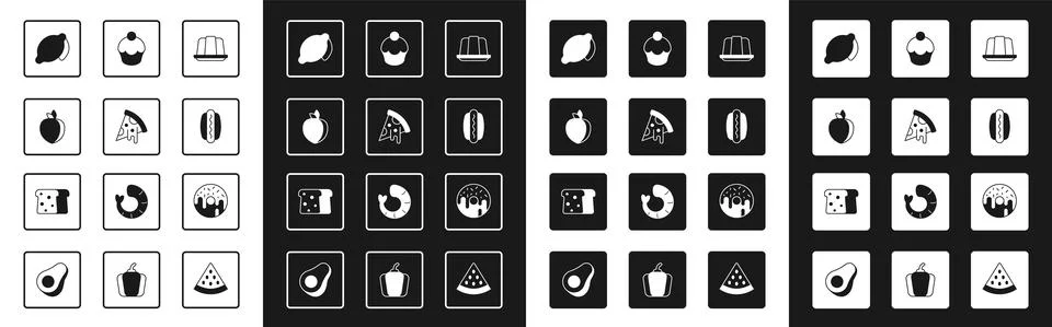 Set Jelly cake, Slice of pizza, Plum fruit, Lemon, Hotdog, Muffin, Donut and Stock Illustration