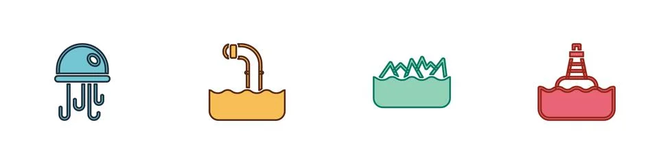 Set Jellyfish, Periscope, Sharp stone reefs and Floating buoy icon. Vector Stock Illustration