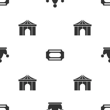 Set Jester hat with bells, Circus ticket and tent on seamless pattern. Vector Stock Illustration