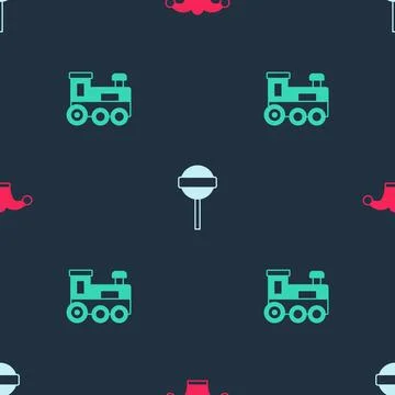Set Jester hat with bells, Lollipop and Toy train on seamless pattern. Vector Illustrazione stock
