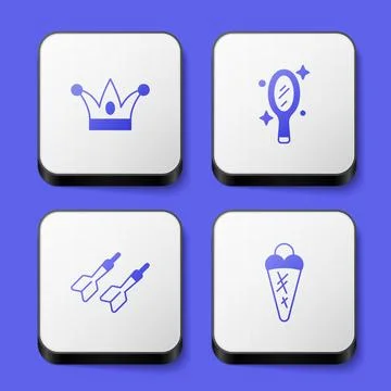 Set Jester hat with bells, Magic hand mirror, Dart arrow and Ice cream in w.. Illustration