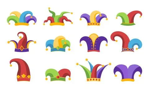 Set of jester hats isolated on white background. Design elements for April .. Stock Illustration