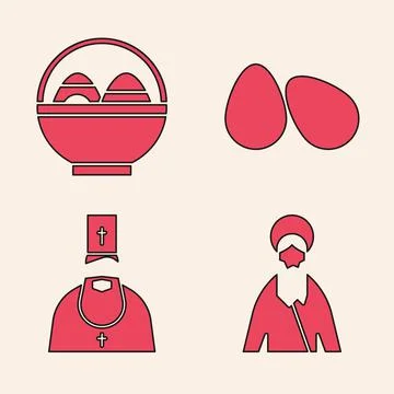 Set Jesus Christ, Basket with easter eggs, Easter eggs and Priest icon. Vector Illustrazione stock
