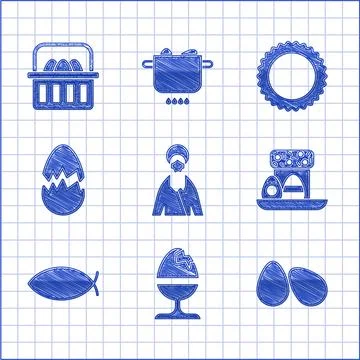 Set Jesus Christ, Chicken egg on a stand, Easter eggs, cake, Christian fish Illustrazione stock