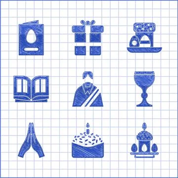 Set Jesus Christ, Easter cake and candle, eggs, Wine glass, Hands praying pos 스톡 일러스트