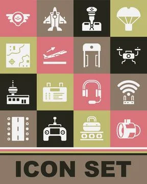Set Jet engine turbine, Router and wi-fi signal, Drone flying, Pilot, Plane Stock Illustration