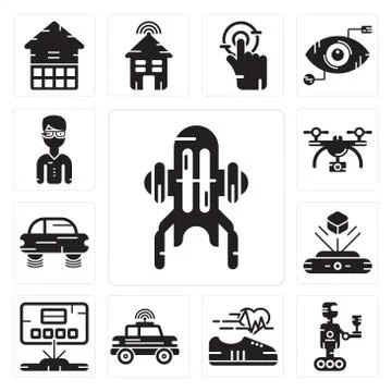 Set of Jet pack, Robot, Shoe, Car, Hologram, Flying car, Drone, Google glasse 免费库存插图