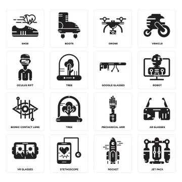 Set of Jet pack, Rocket, Vr glasses, Mechanical arm, Bionic contact lens, Goo 無料イラスト素材