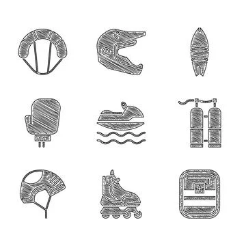 Set Jet ski, Roller skate, First aid kit, Aqualung, Helmet, Boxing glove Illustrazione stock