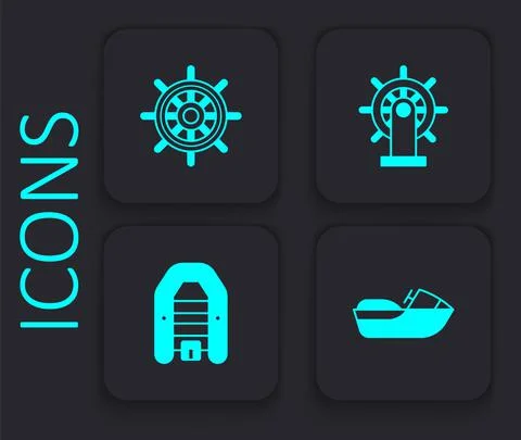 Set Jet ski, Ship steering wheel, and Inflatable boat with motor icon. Black Illustration