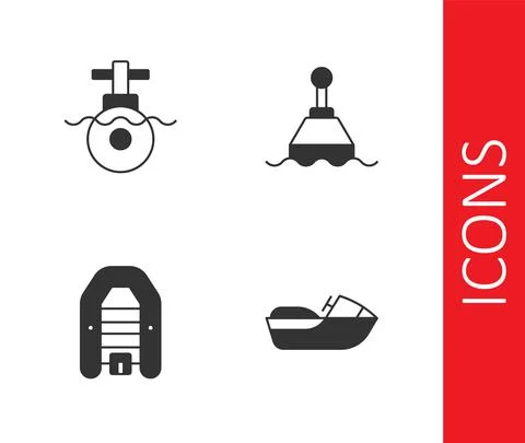Set Jet ski, Submarine, Inflatable boat with motor and Floating buoy icon Stock Illustration