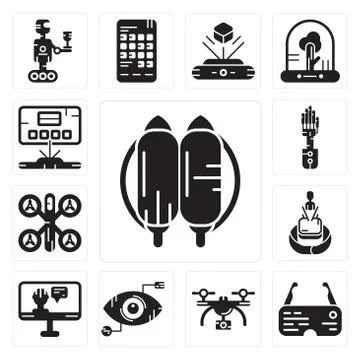 Set of Jetpack, Ar glasses, Drone, Eye scan, Artificial intelligence, Hologra Free Stock Illustration