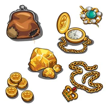 A set of jewelry and objects made of gold isolated on a white background. Vector Stock Illustration