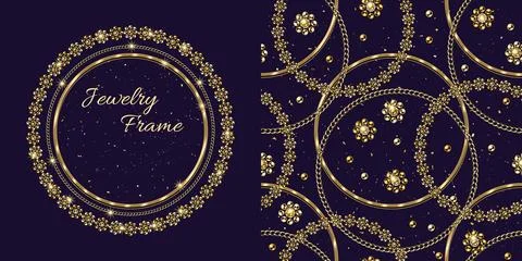 Set of jewelry pattern, frame with golden chains Stock Illustration