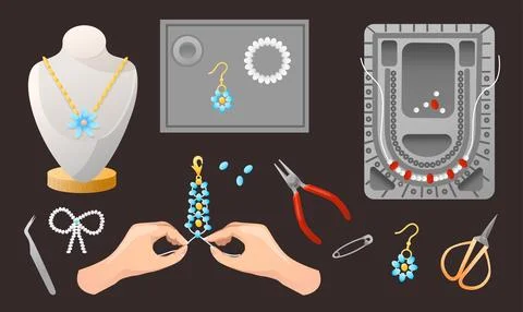 Set with Jewelry workshop, hand make beaded bracelets or fashion necklace Illustrazione stock