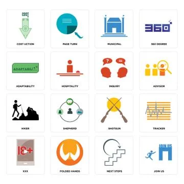 Set of join us, next steps, xxx, shotgun, hiker, inquiry, adaptability, munic Free Stock Illustration