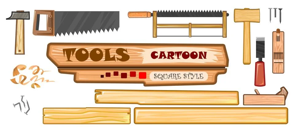 Set of joiner's tools. Vector. Steel and wooden hammer, saw, bow saw, nails, Stock Illustration